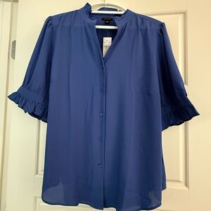 Ann Taylor Royal Blue Ruffle Sleeve Button-Down Blouse
